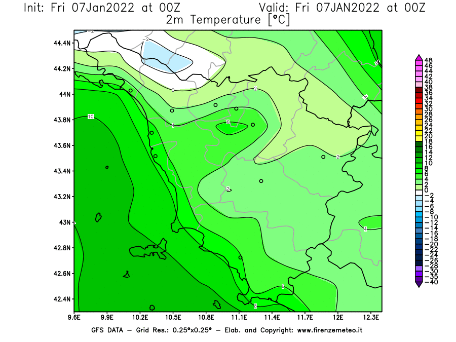 Mappa di analisi GFS - Temperatura a 2 metri dal suolo [°C] in Toscana
							del 07/01/2022 00 <!--googleoff: index-->UTC<!--googleon: index-->