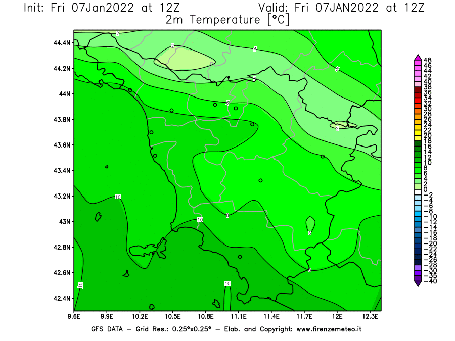 Mappa di analisi GFS - Temperatura a 2 metri dal suolo [°C] in Toscana
							del 07/01/2022 12 <!--googleoff: index-->UTC<!--googleon: index-->