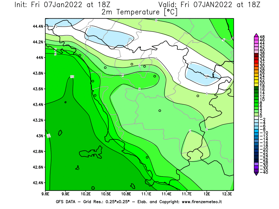Mappa di analisi GFS - Temperatura a 2 metri dal suolo [°C] in Toscana
							del 07/01/2022 18 <!--googleoff: index-->UTC<!--googleon: index-->
