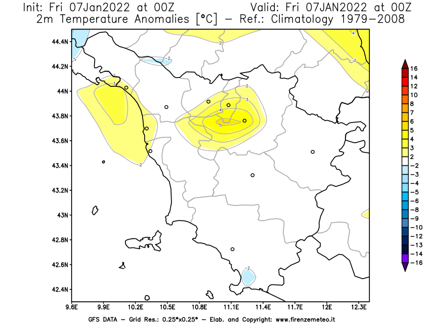 Mappa di analisi GFS - Anomalia Temperatura [°C] a 2 m in Toscana
							del 07/01/2022 00 <!--googleoff: index-->UTC<!--googleon: index-->
