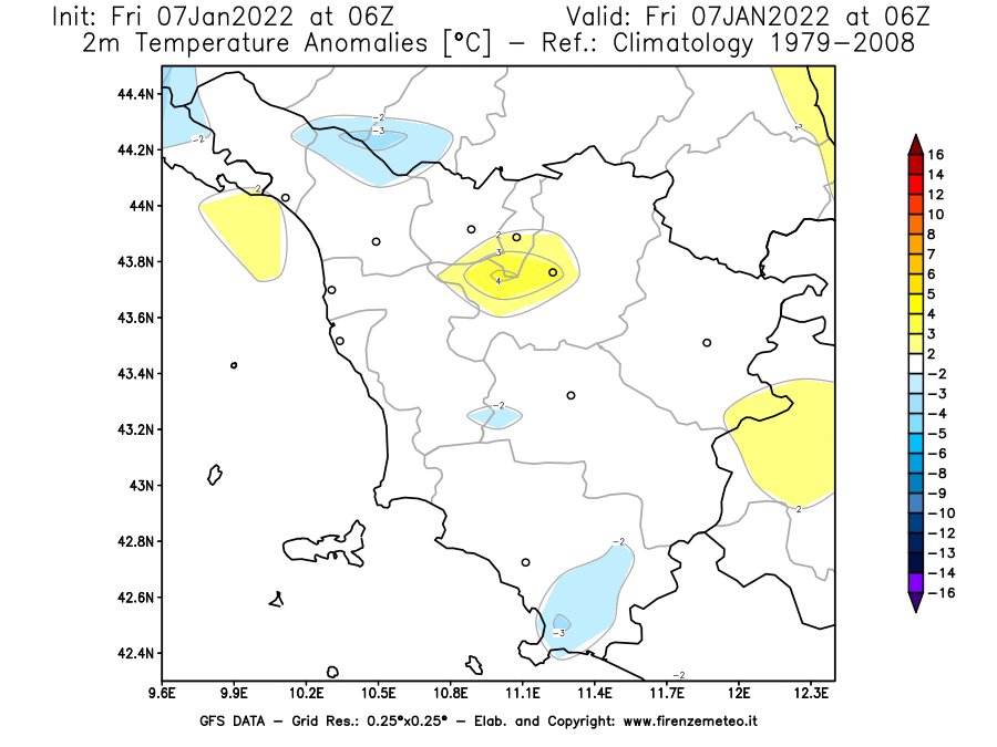 Mappa di analisi GFS - Anomalia Temperatura [°C] a 2 m in Toscana
							del 07/01/2022 06 <!--googleoff: index-->UTC<!--googleon: index-->