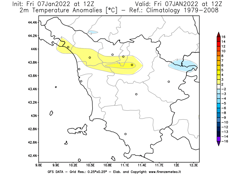 Mappa di analisi GFS - Anomalia Temperatura [°C] a 2 m in Toscana
							del 07/01/2022 12 <!--googleoff: index-->UTC<!--googleon: index-->