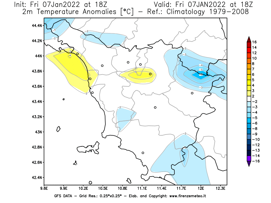 Mappa di analisi GFS - Anomalia Temperatura [°C] a 2 m in Toscana
							del 07/01/2022 18 <!--googleoff: index-->UTC<!--googleon: index-->
