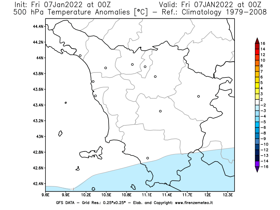 Mappa di analisi GFS - Anomalia Temperatura [°C] a 500 hPa in Toscana
							del 07/01/2022 00 <!--googleoff: index-->UTC<!--googleon: index-->