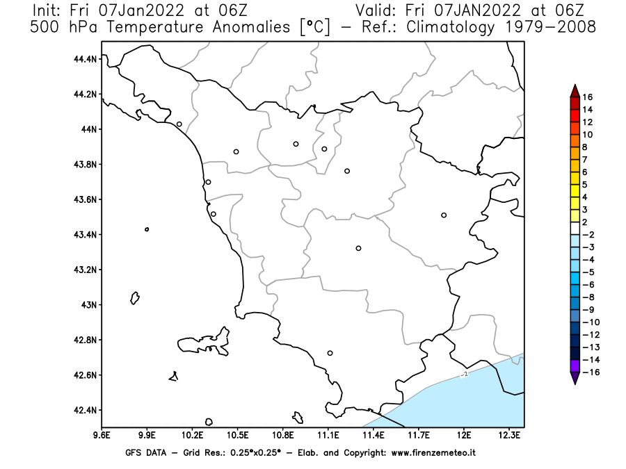 Mappa di analisi GFS - Anomalia Temperatura [°C] a 500 hPa in Toscana
							del 07/01/2022 06 <!--googleoff: index-->UTC<!--googleon: index-->