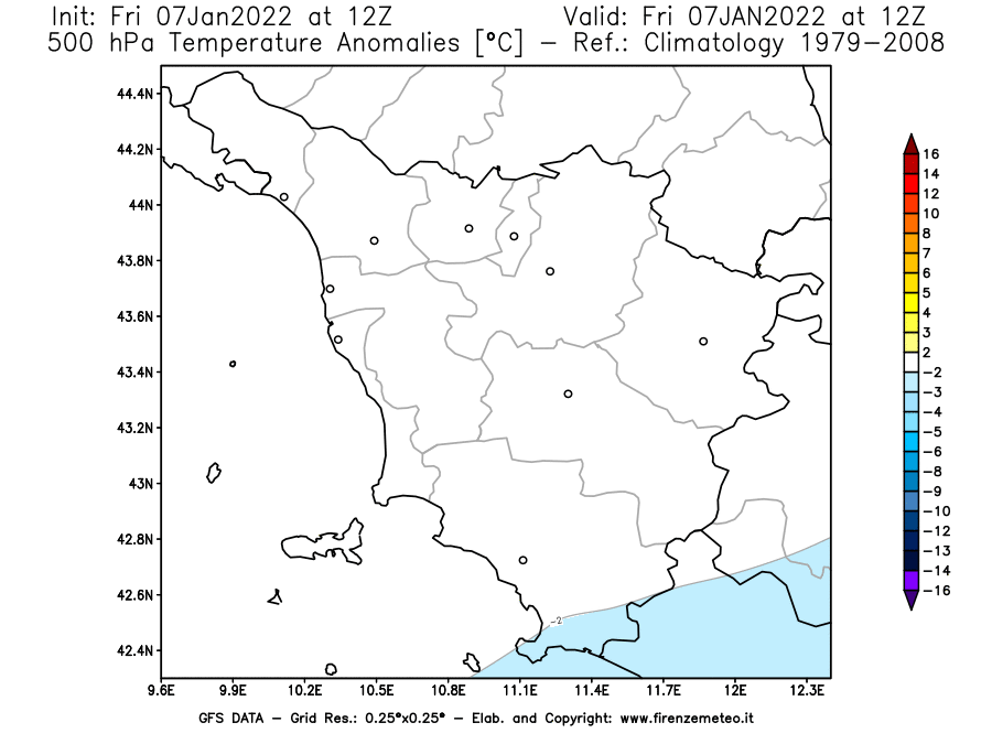 Mappa di analisi GFS - Anomalia Temperatura [°C] a 500 hPa in Toscana
							del 07/01/2022 12 <!--googleoff: index-->UTC<!--googleon: index-->