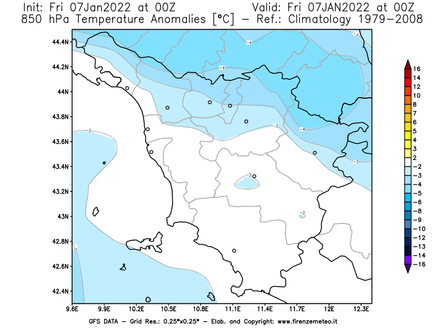 Mappa di analisi GFS - Anomalia Temperatura [°C] a 850 hPa in Toscana
							del 07/01/2022 00 <!--googleoff: index-->UTC<!--googleon: index-->