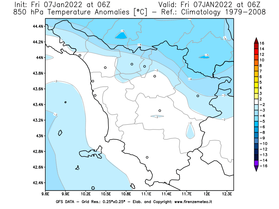Mappa di analisi GFS - Anomalia Temperatura [°C] a 850 hPa in Toscana
							del 07/01/2022 06 <!--googleoff: index-->UTC<!--googleon: index-->