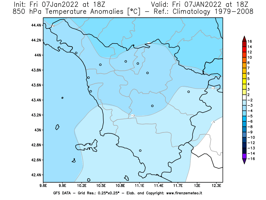 Mappa di analisi GFS - Anomalia Temperatura [°C] a 850 hPa in Toscana
							del 07/01/2022 18 <!--googleoff: index-->UTC<!--googleon: index-->