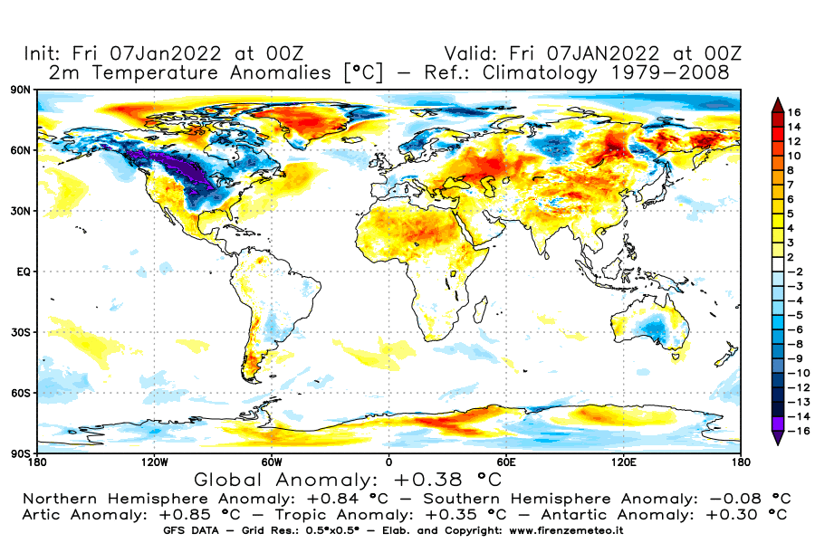 Mappa di analisi GFS - Anomalia Temperatura [°C] a 2 m in World
							del 07/01/2022 00 <!--googleoff: index-->UTC<!--googleon: index-->