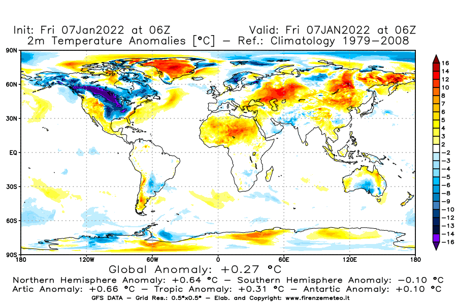 Mappa di analisi GFS - Anomalia Temperatura [°C] a 2 m in World
							del 07/01/2022 06 <!--googleoff: index-->UTC<!--googleon: index-->