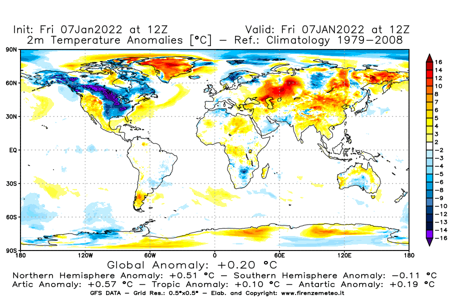 Mappa di analisi GFS - Anomalia Temperatura [°C] a 2 m in World
							del 07/01/2022 12 <!--googleoff: index-->UTC<!--googleon: index-->