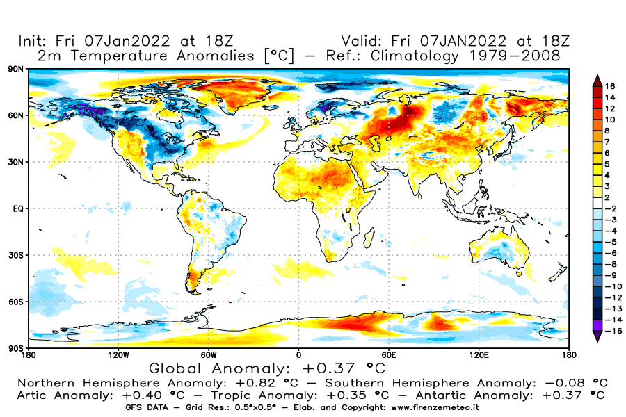 Mappa di analisi GFS - Anomalia Temperatura [°C] a 2 m in World
							del 07/01/2022 18 <!--googleoff: index-->UTC<!--googleon: index-->