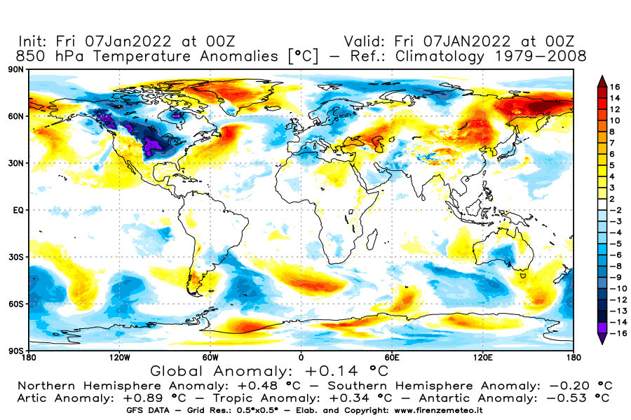 Mappa di analisi GFS - Anomalia Temperatura [°C] a 850 hPa in World
							del 07/01/2022 00 <!--googleoff: index-->UTC<!--googleon: index-->