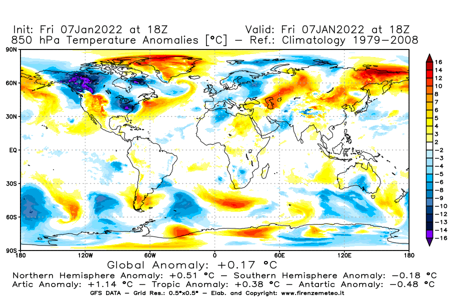 Mappa di analisi GFS - Anomalia Temperatura [°C] a 850 hPa in World
							del 07/01/2022 18 <!--googleoff: index-->UTC<!--googleon: index-->