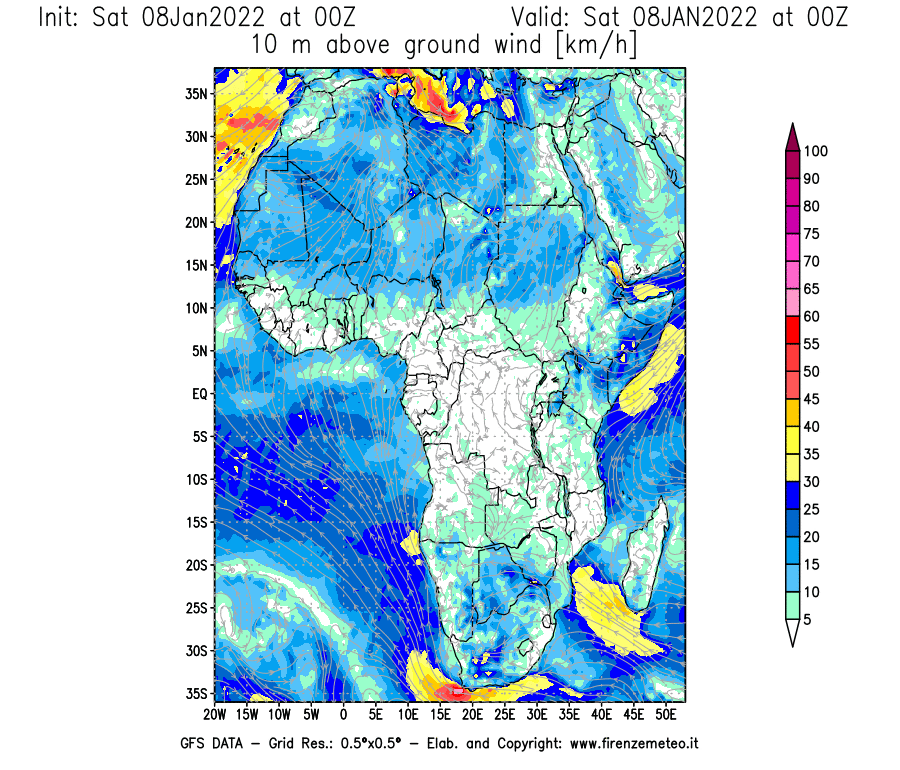 Mappa di analisi GFS - Velocità del vento a 10 metri dal suolo [km/h] in Africa
							del 08/01/2022 00 <!--googleoff: index-->UTC<!--googleon: index-->