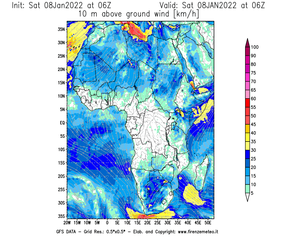Mappa di analisi GFS - Velocità del vento a 10 metri dal suolo [km/h] in Africa
							del 08/01/2022 06 <!--googleoff: index-->UTC<!--googleon: index-->