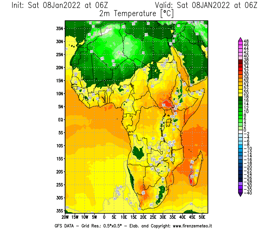 Mappa di analisi GFS - Temperatura a 2 metri dal suolo [°C] in Africa
							del 08/01/2022 06 <!--googleoff: index-->UTC<!--googleon: index-->