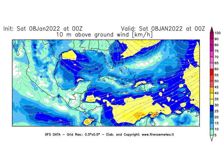 Mappa di analisi GFS - Velocità del vento a 10 metri dal suolo [km/h] in Centro-America
							del 08/01/2022 00 <!--googleoff: index-->UTC<!--googleon: index-->