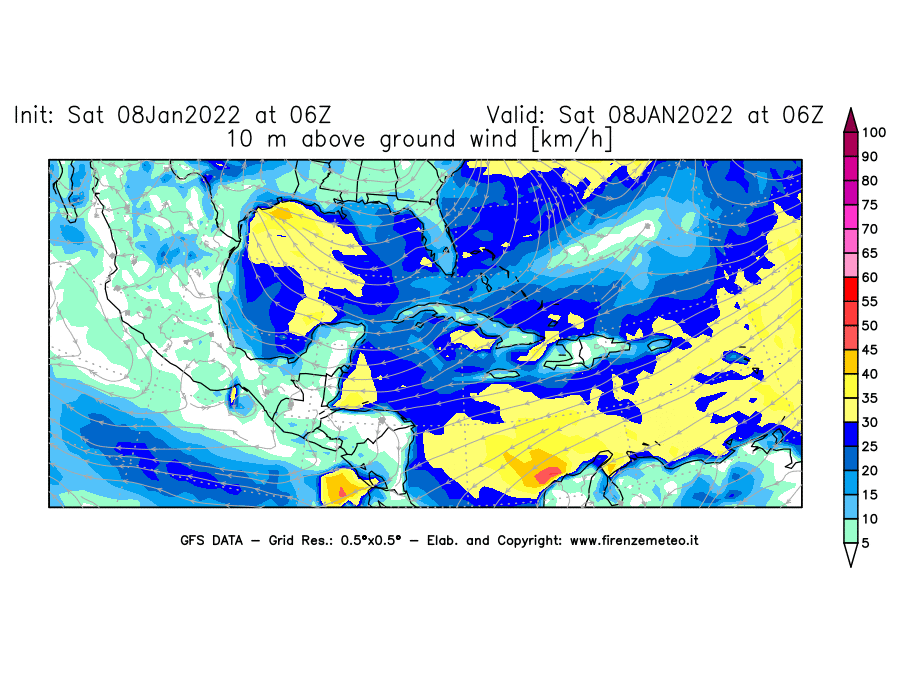 Mappa di analisi GFS - Velocità del vento a 10 metri dal suolo [km/h] in Centro-America
							del 08/01/2022 06 <!--googleoff: index-->UTC<!--googleon: index-->