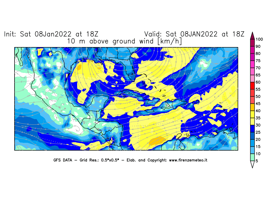 Mappa di analisi GFS - Velocità del vento a 10 metri dal suolo [km/h] in Centro-America
							del 08/01/2022 18 <!--googleoff: index-->UTC<!--googleon: index-->