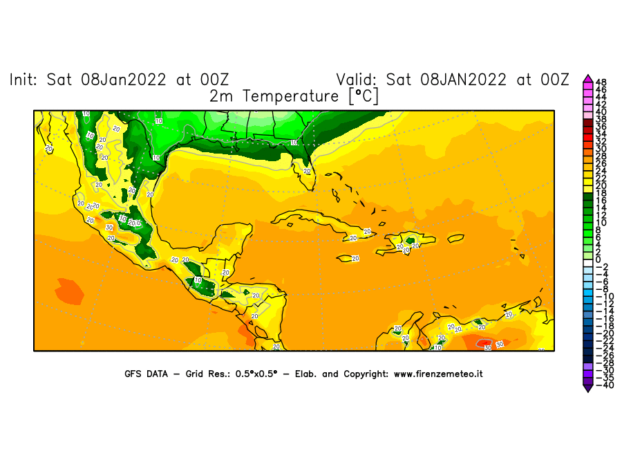 Mappa di analisi GFS - Temperatura a 2 metri dal suolo [°C] in Centro-America
							del 08/01/2022 00 <!--googleoff: index-->UTC<!--googleon: index-->