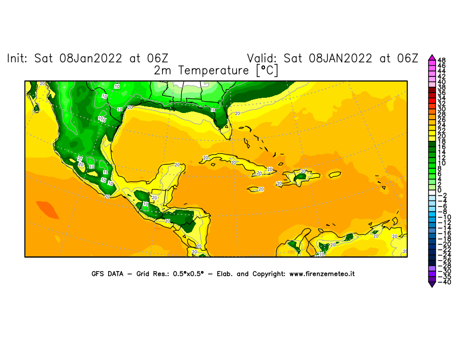 Mappa di analisi GFS - Temperatura a 2 metri dal suolo [°C] in Centro-America
							del 08/01/2022 06 <!--googleoff: index-->UTC<!--googleon: index-->