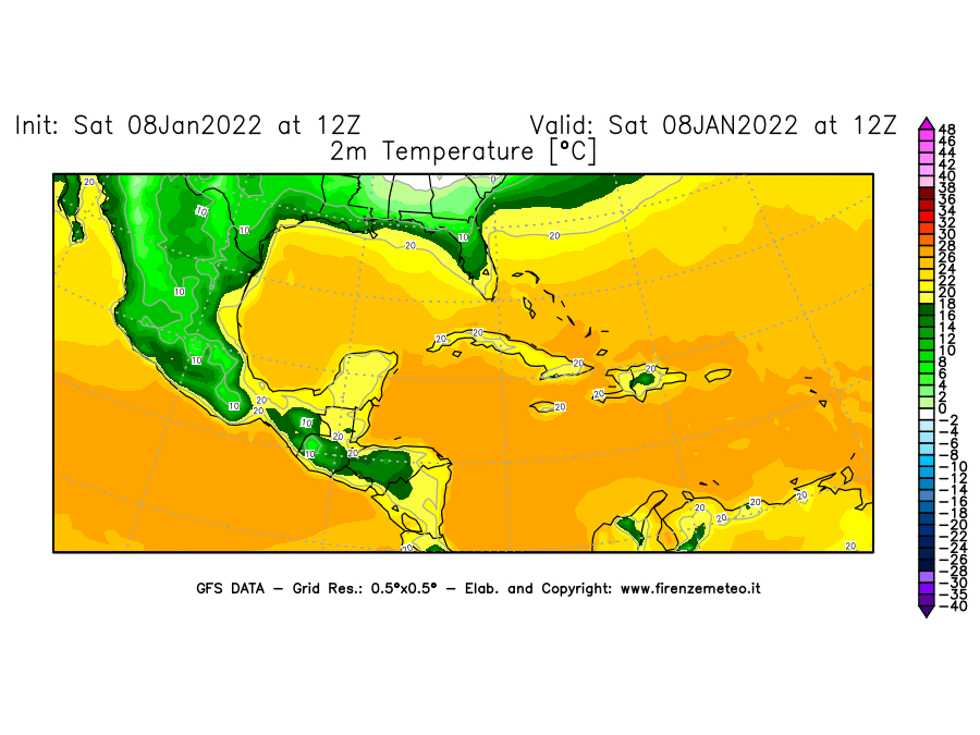 Mappa di analisi GFS - Temperatura a 2 metri dal suolo [°C] in Centro-America
							del 08/01/2022 12 <!--googleoff: index-->UTC<!--googleon: index-->
