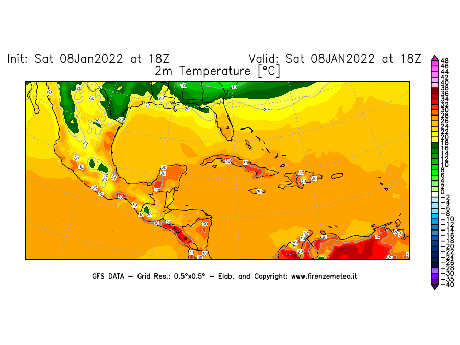Mappa di analisi GFS - Temperatura a 2 metri dal suolo [°C] in Centro-America
							del 08/01/2022 18 <!--googleoff: index-->UTC<!--googleon: index-->