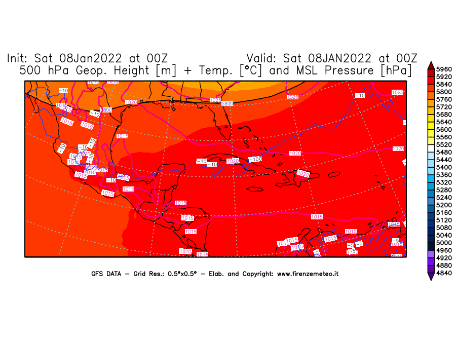 Mappa di analisi GFS - Geopotenziale [m] + Temp. [°C] a 500 hPa + Press. a livello del mare [hPa] in Centro-America
							del 08/01/2022 00 <!--googleoff: index-->UTC<!--googleon: index-->