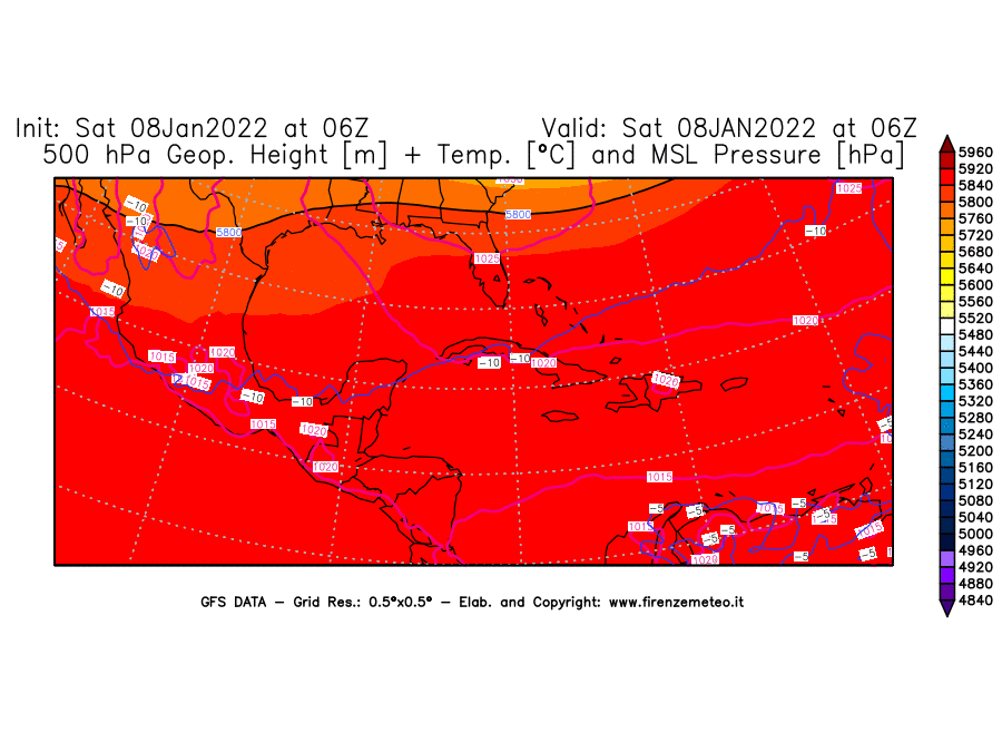 Mappa di analisi GFS - Geopotenziale [m] + Temp. [°C] a 500 hPa + Press. a livello del mare [hPa] in Centro-America
							del 08/01/2022 06 <!--googleoff: index-->UTC<!--googleon: index-->