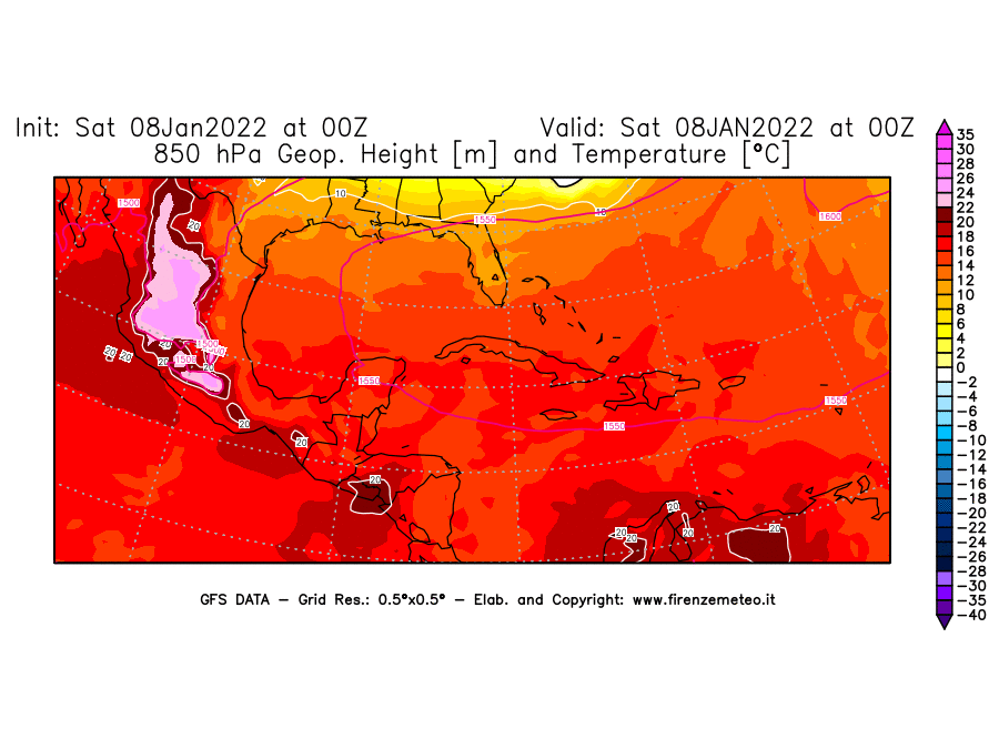 Mappa di analisi GFS - Geopotenziale [m] e Temperatura [°C] a 850 hPa in Centro-America
							del 08/01/2022 00 <!--googleoff: index-->UTC<!--googleon: index-->