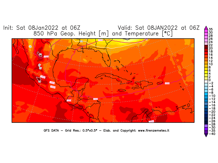 Mappa di analisi GFS - Geopotenziale [m] e Temperatura [°C] a 850 hPa in Centro-America
							del 08/01/2022 06 <!--googleoff: index-->UTC<!--googleon: index-->