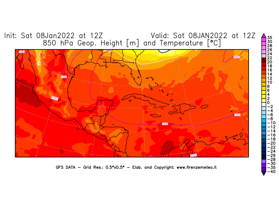 Mappa di analisi GFS - Geopotenziale [m] e Temperatura [°C] a 850 hPa in Centro-America
							del 08/01/2022 12 <!--googleoff: index-->UTC<!--googleon: index-->
