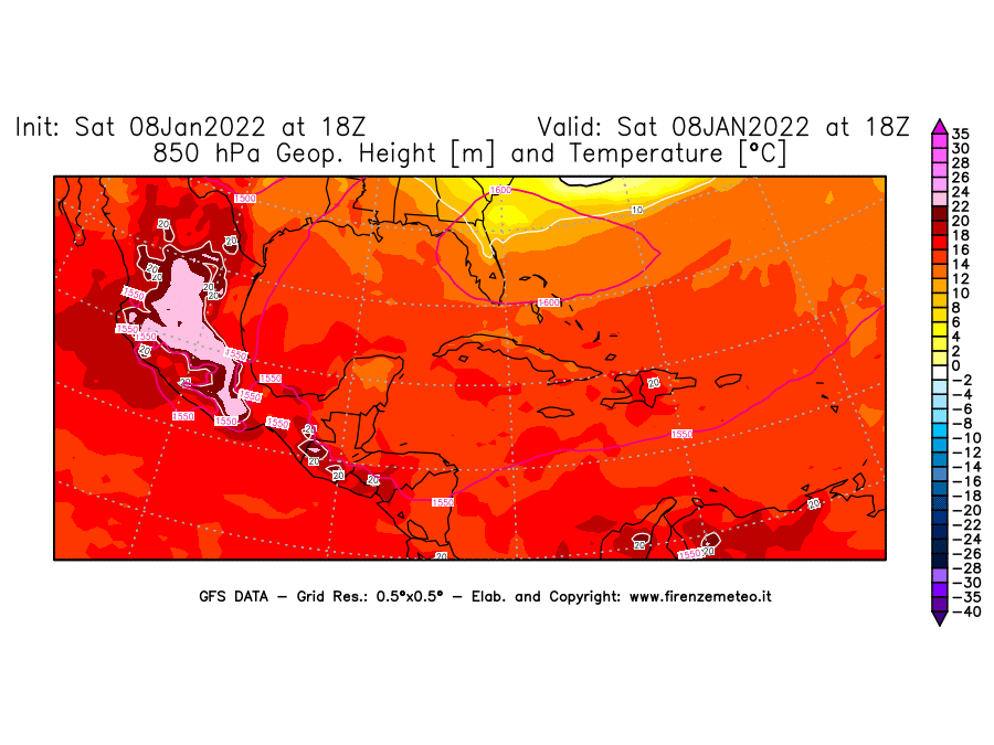 Mappa di analisi GFS - Geopotenziale [m] e Temperatura [°C] a 850 hPa in Centro-America
							del 08/01/2022 18 <!--googleoff: index-->UTC<!--googleon: index-->