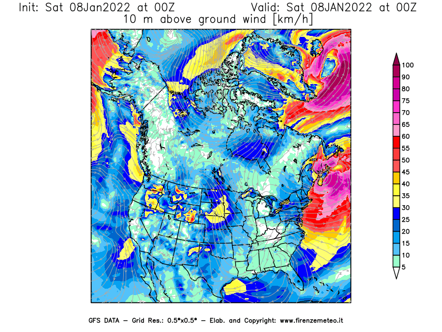 Mappa di analisi GFS - Velocità del vento a 10 metri dal suolo [km/h] in Nord-America
							del 08/01/2022 00 <!--googleoff: index-->UTC<!--googleon: index-->