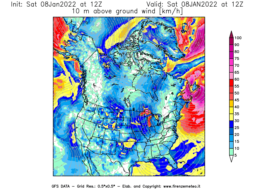 Mappa di analisi GFS - Velocità del vento a 10 metri dal suolo [km/h] in Nord-America
							del 08/01/2022 12 <!--googleoff: index-->UTC<!--googleon: index-->