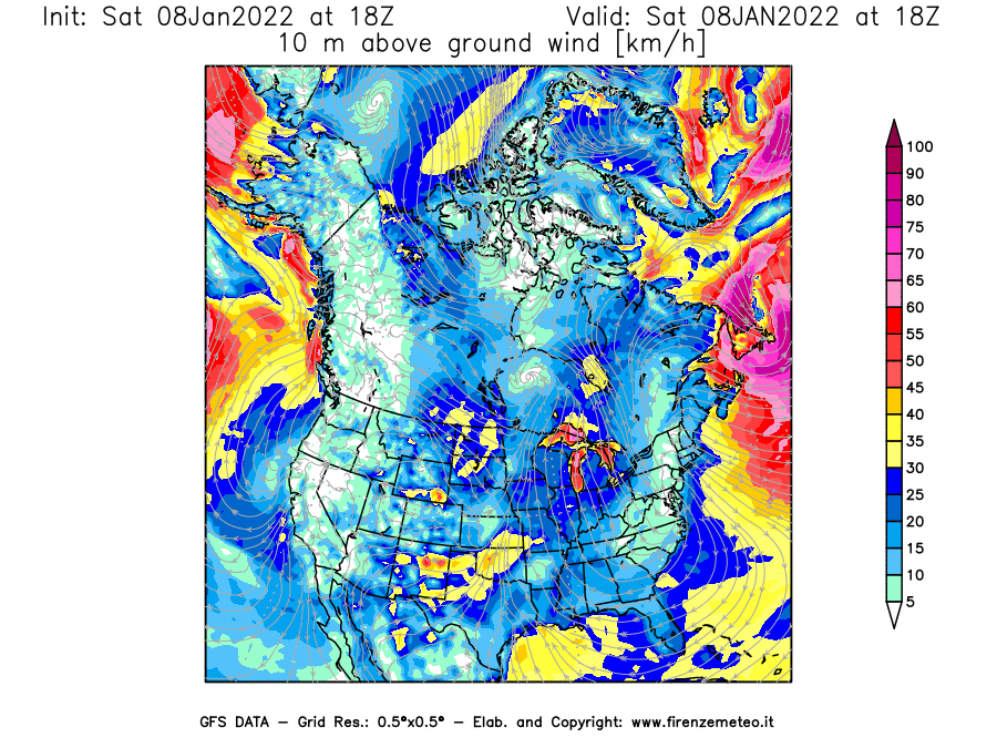 Mappa di analisi GFS - Velocità del vento a 10 metri dal suolo [km/h] in Nord-America
							del 08/01/2022 18 <!--googleoff: index-->UTC<!--googleon: index-->
