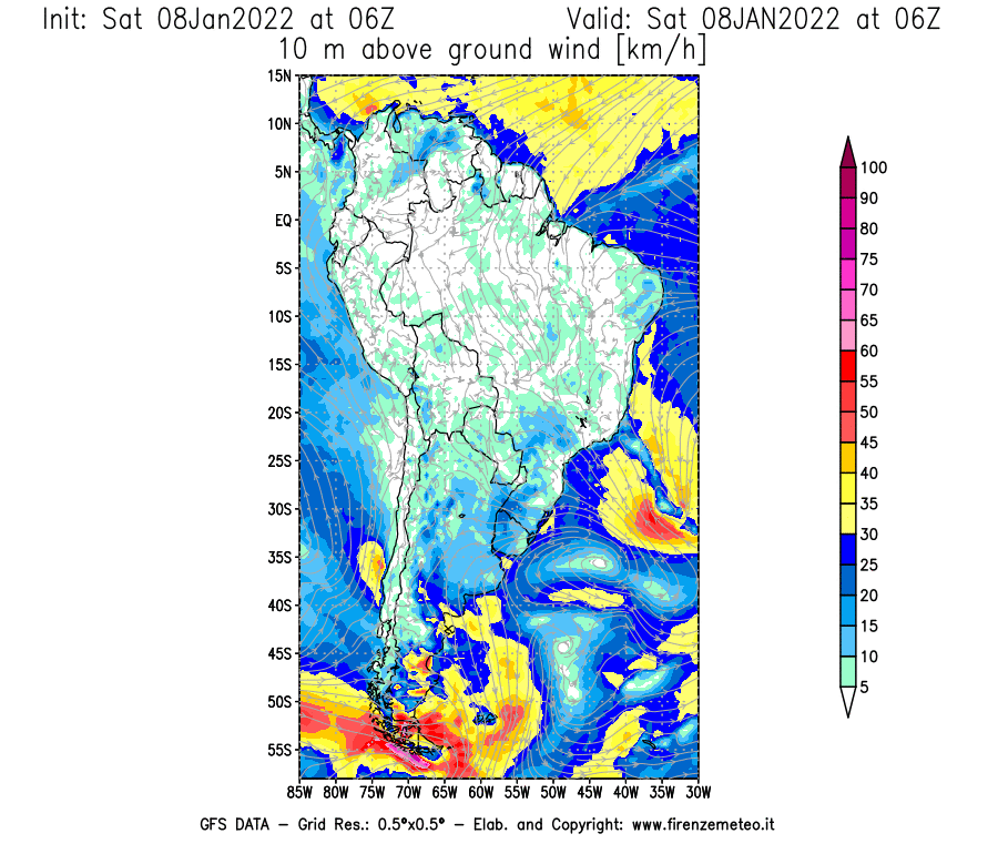 Mappa di analisi GFS - Velocità del vento a 10 metri dal suolo [km/h] in Sud-America
							del 08/01/2022 06 <!--googleoff: index-->UTC<!--googleon: index-->