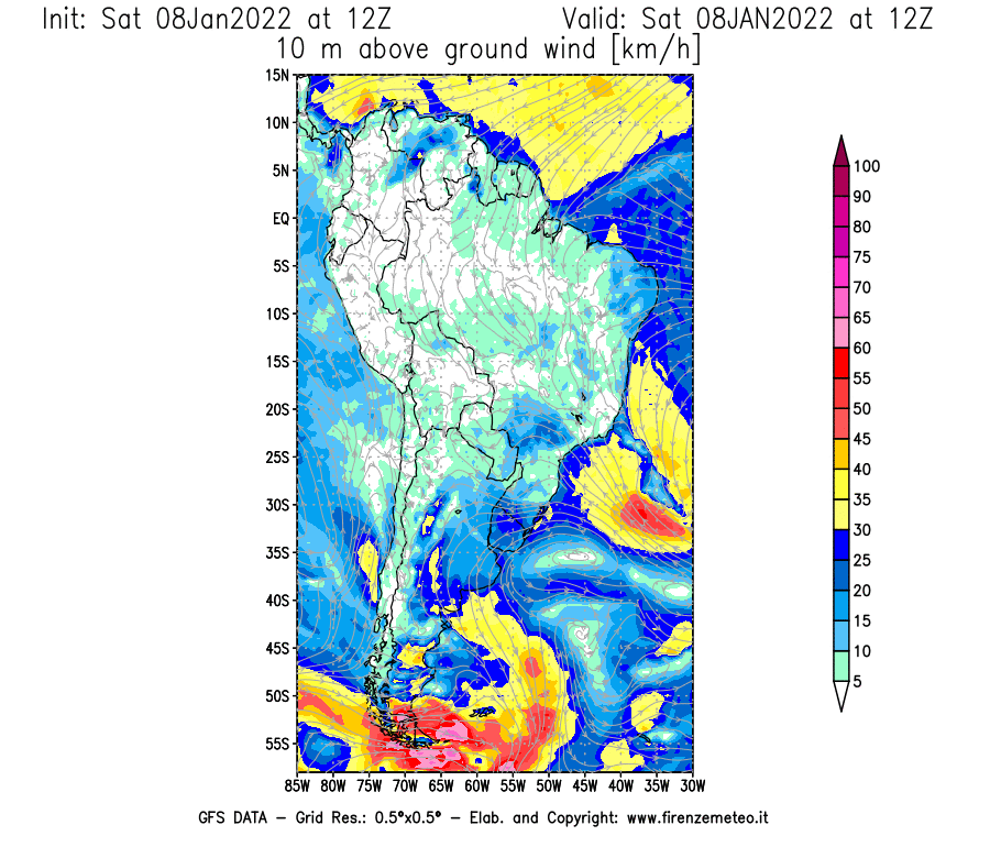 Mappa di analisi GFS - Velocità del vento a 10 metri dal suolo [km/h] in Sud-America
							del 08/01/2022 12 <!--googleoff: index-->UTC<!--googleon: index-->