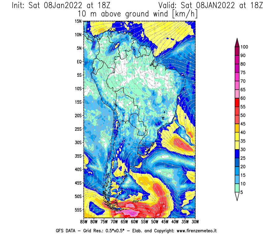 Mappa di analisi GFS - Velocità del vento a 10 metri dal suolo [km/h] in Sud-America
							del 08/01/2022 18 <!--googleoff: index-->UTC<!--googleon: index-->