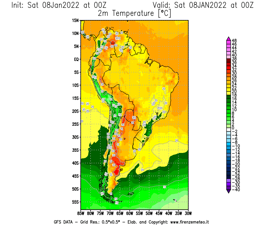 Mappa di analisi GFS - Temperatura a 2 metri dal suolo [°C] in Sud-America
							del 08/01/2022 00 <!--googleoff: index-->UTC<!--googleon: index-->