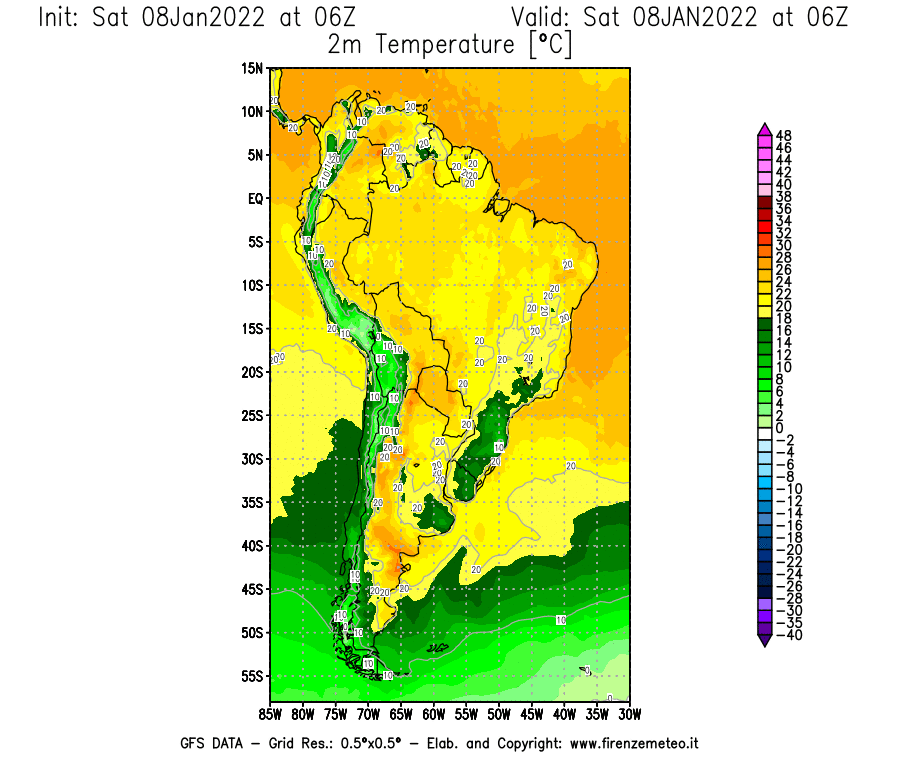 Mappa di analisi GFS - Temperatura a 2 metri dal suolo [°C] in Sud-America
							del 08/01/2022 06 <!--googleoff: index-->UTC<!--googleon: index-->