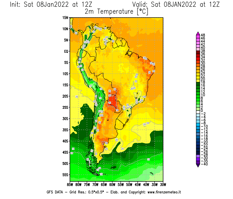Mappa di analisi GFS - Temperatura a 2 metri dal suolo [°C] in Sud-America
							del 08/01/2022 12 <!--googleoff: index-->UTC<!--googleon: index-->