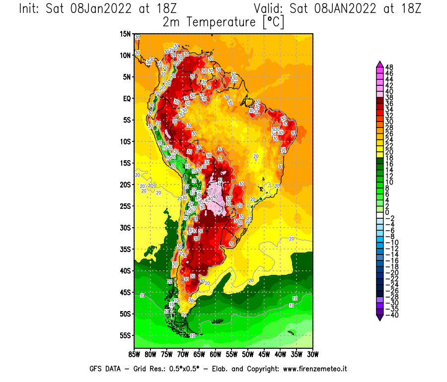 Mappa di analisi GFS - Temperatura a 2 metri dal suolo [°C] in Sud-America
							del 08/01/2022 18 <!--googleoff: index-->UTC<!--googleon: index-->