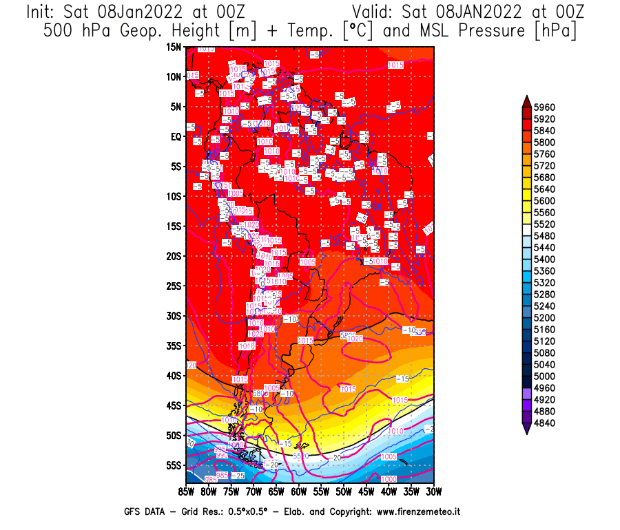 Mappa di analisi GFS - Geopotenziale [m] + Temp. [°C] a 500 hPa + Press. a livello del mare [hPa] in Sud-America
							del 08/01/2022 00 <!--googleoff: index-->UTC<!--googleon: index-->