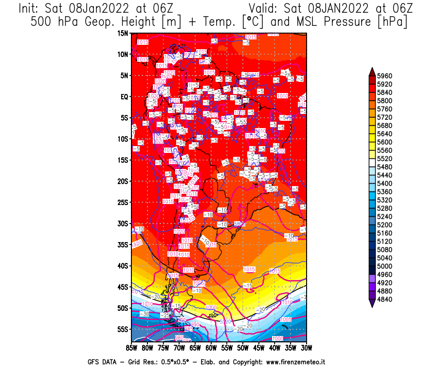 Mappa di analisi GFS - Geopotenziale [m] + Temp. [°C] a 500 hPa + Press. a livello del mare [hPa] in Sud-America
							del 08/01/2022 06 <!--googleoff: index-->UTC<!--googleon: index-->