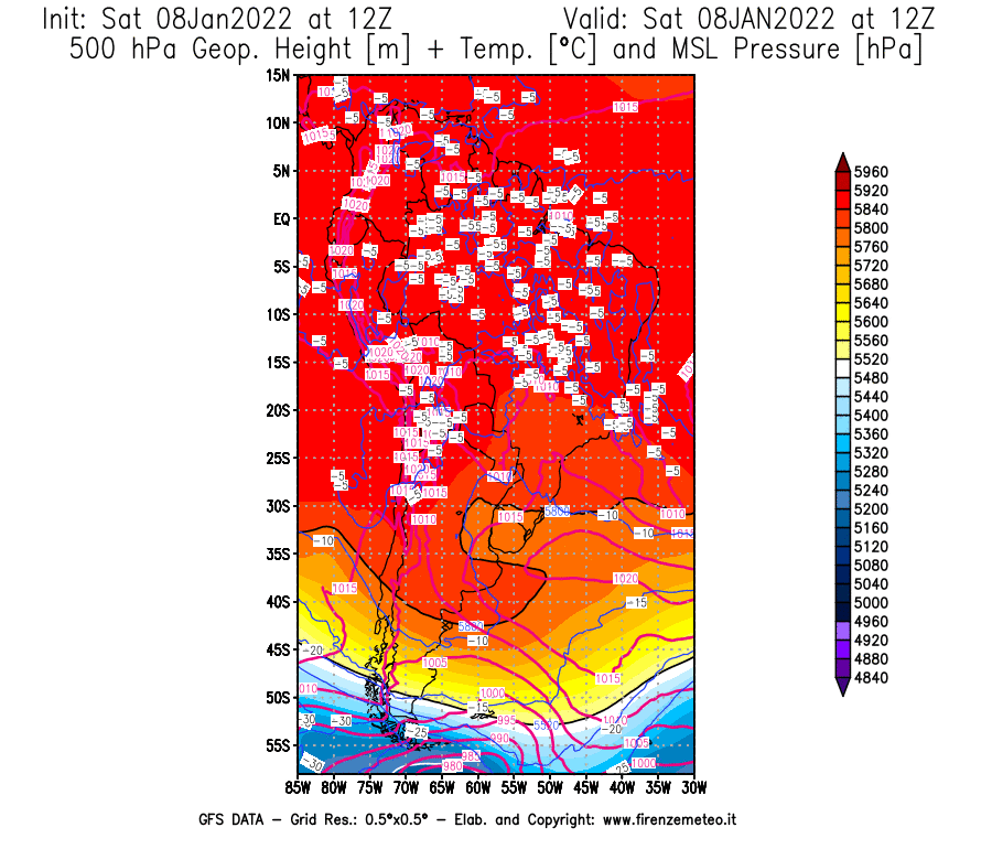 Mappa di analisi GFS - Geopotenziale [m] + Temp. [°C] a 500 hPa + Press. a livello del mare [hPa] in Sud-America
							del 08/01/2022 12 <!--googleoff: index-->UTC<!--googleon: index-->
