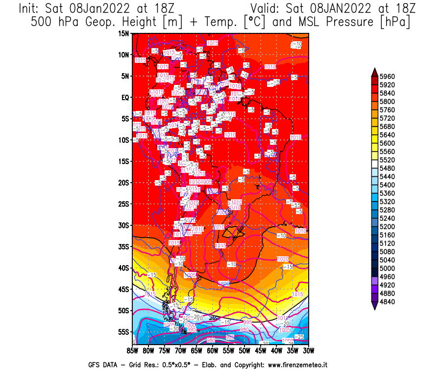 Mappa di analisi GFS - Geopotenziale [m] + Temp. [°C] a 500 hPa + Press. a livello del mare [hPa] in Sud-America
							del 08/01/2022 18 <!--googleoff: index-->UTC<!--googleon: index-->