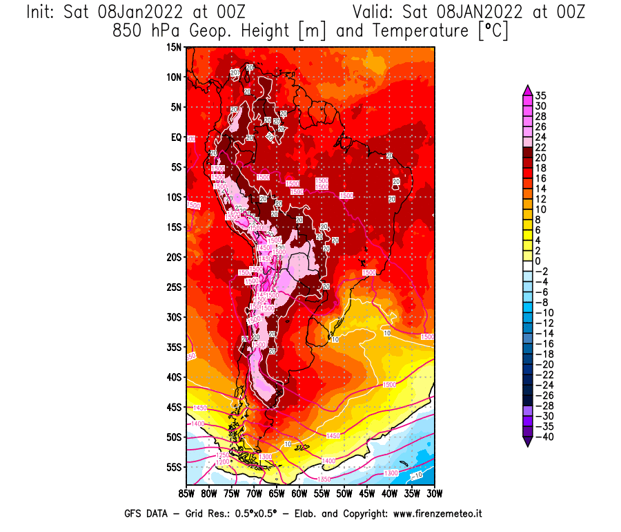 Mappa di analisi GFS - Geopotenziale [m] e Temperatura [°C] a 850 hPa in Sud-America
							del 08/01/2022 00 <!--googleoff: index-->UTC<!--googleon: index-->
